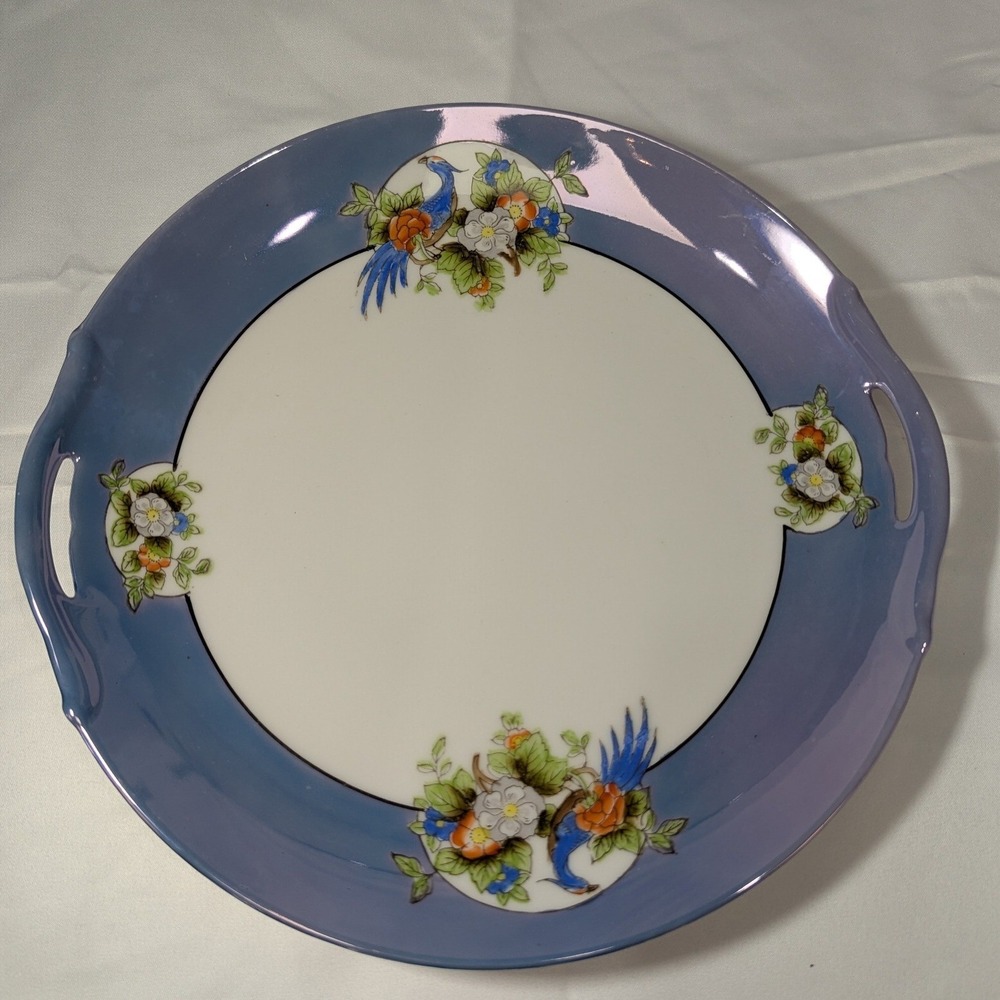 Noritake Lusterware Handled Cake Plate Wall Blue Bird Floral Lavender 9.5" Art
